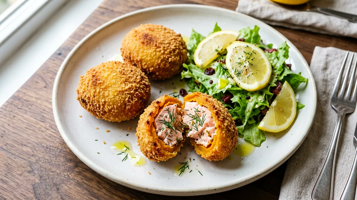 Crocchette di salmone e patate dolci con insalata verde