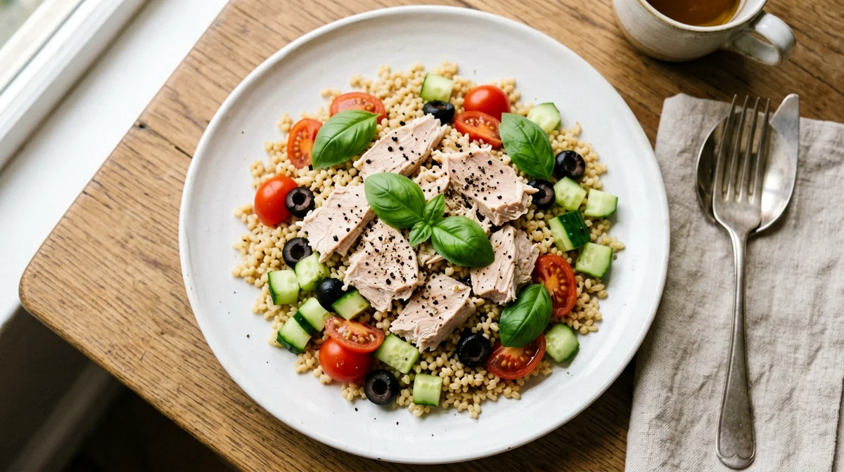 Insalata di farro con tonno, pomodorini, olive e basilico
