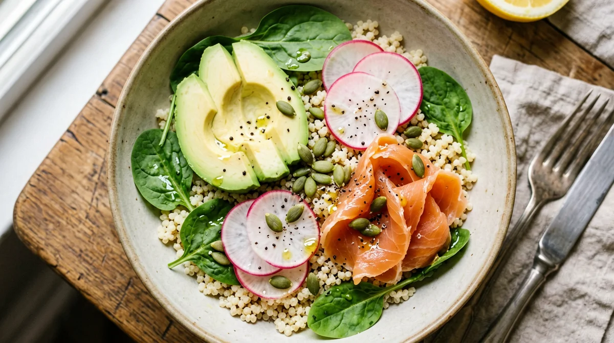 Bowl di quinoa con salmone affumicato, avocado e spinacini