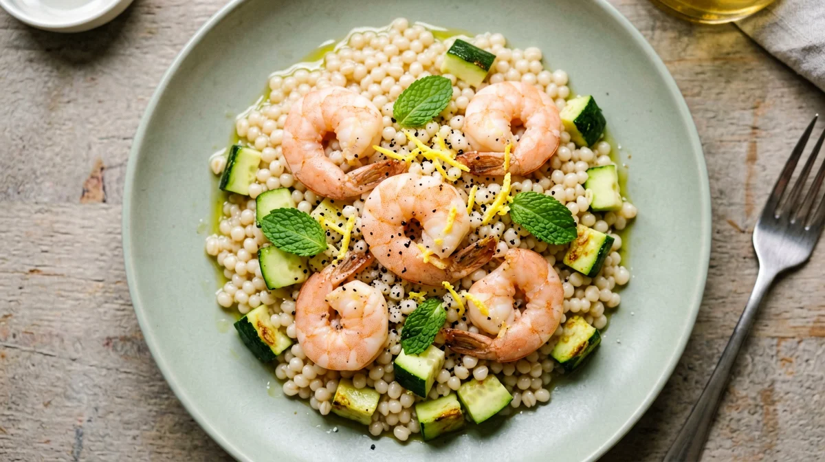 Barley salad with prawns, zucchini and mint