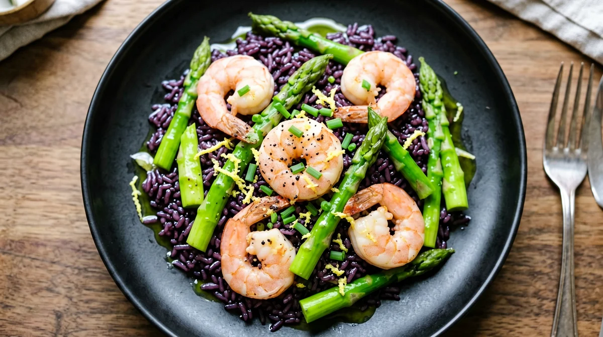 Insalata di riso venere con gamberi e asparagi