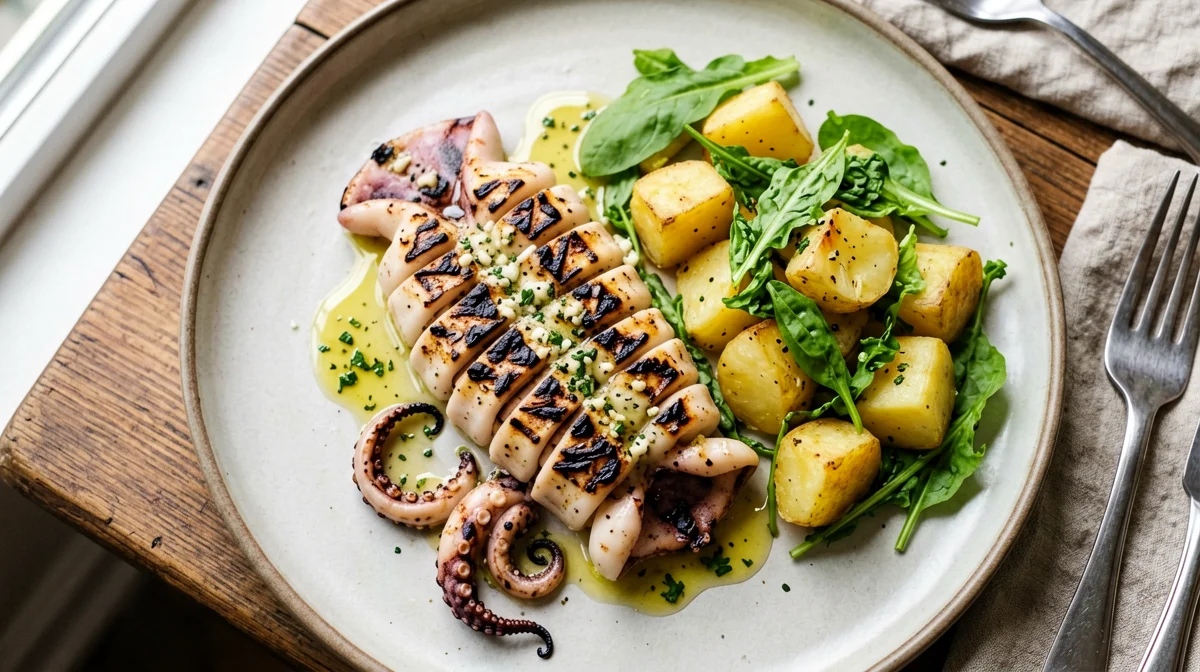 Grilled squid with warm potato and rocket salad