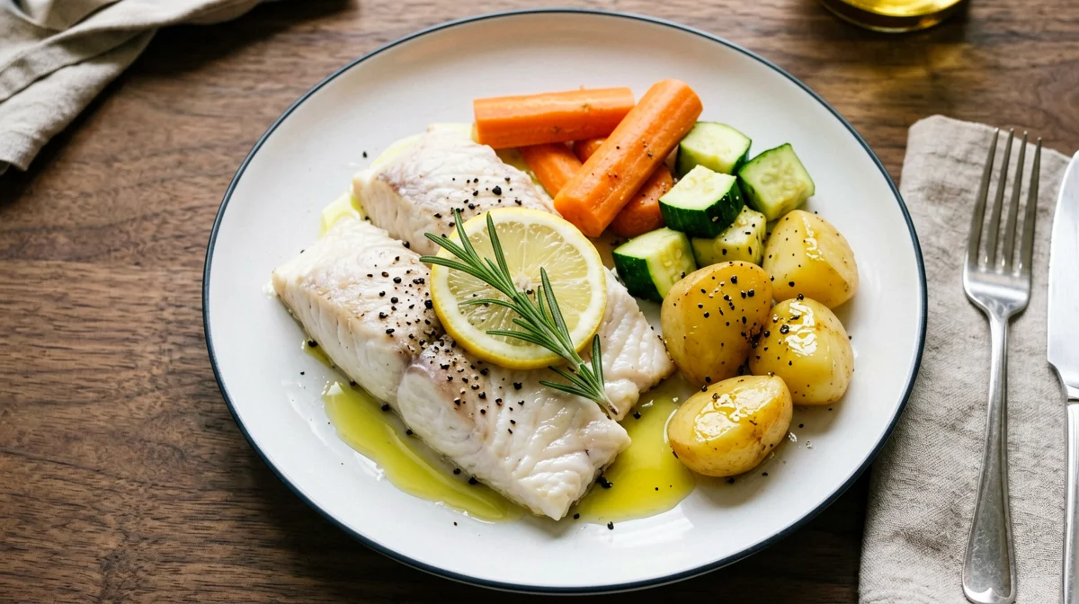 Branzino al sale con verdure al vapore e patate