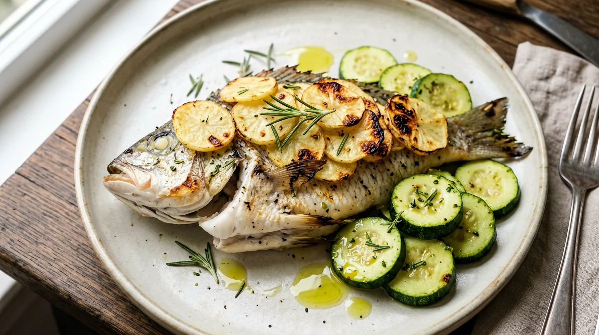 Orata in crosta di patate con zucchine trifolate