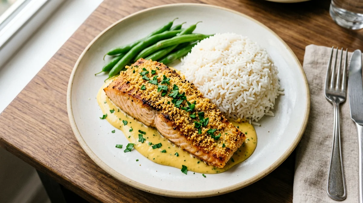 Salmone in crosta di senape ed erbe con fagiolini e basmati