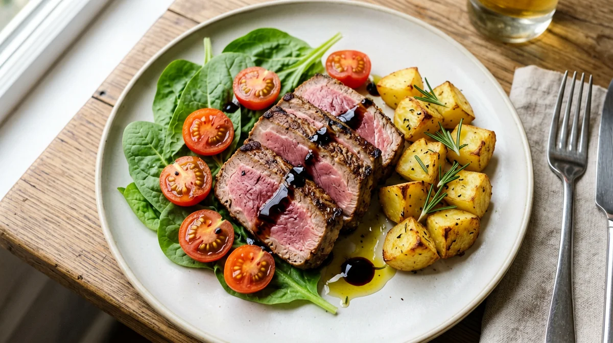 Tagliata di tonno con rucola, pomodorini e patate al rosmarino