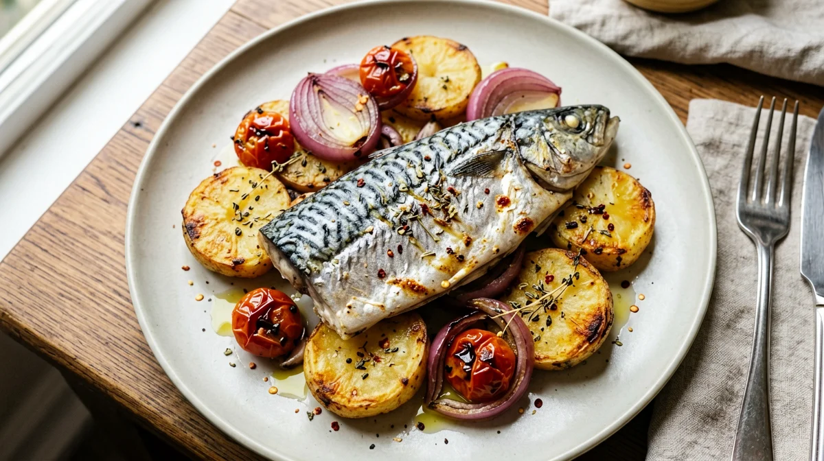 Baked mackerel with red onions, potatoes and oregano