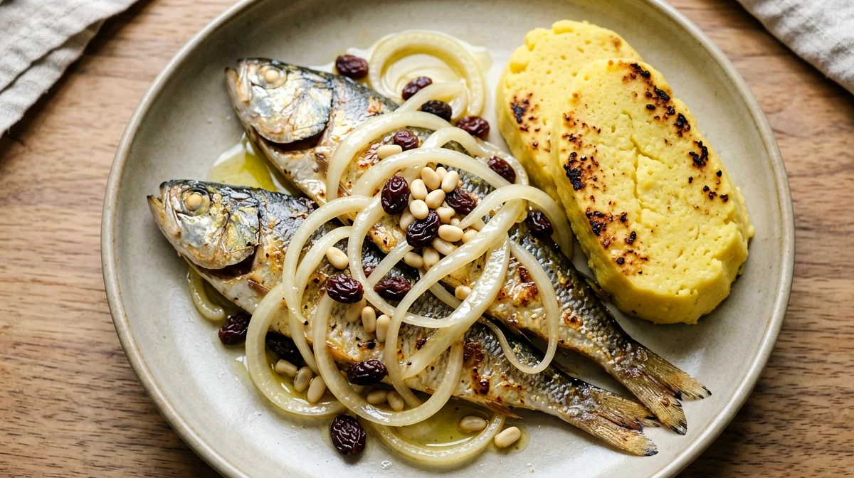 Venetian sweet and sour sardines with grilled polenta