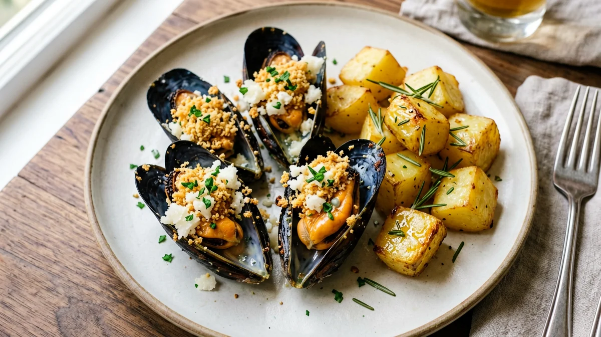 Baked mussel gratin with rosemary potatoes