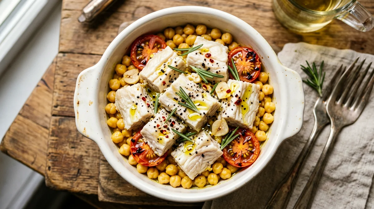 Baked salt cod with chickpeas and rosemary