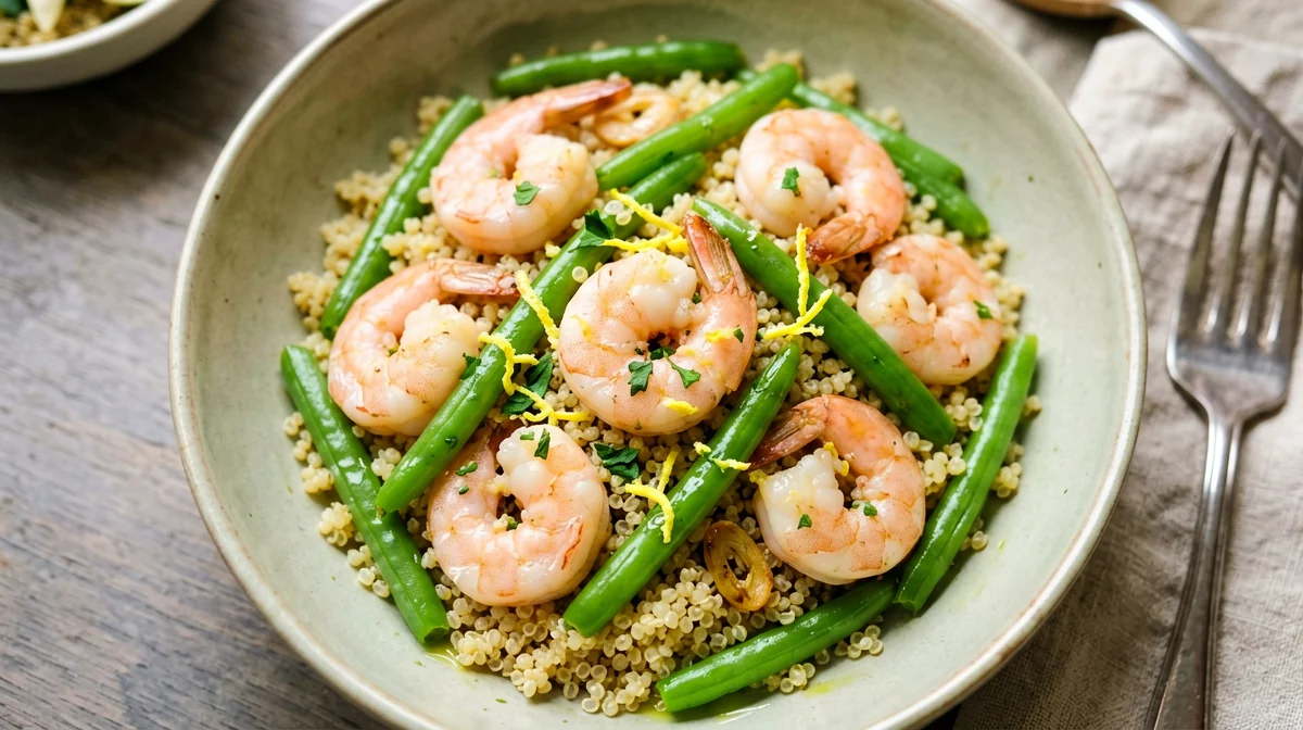 Lemon prawns with green beans and quinoa