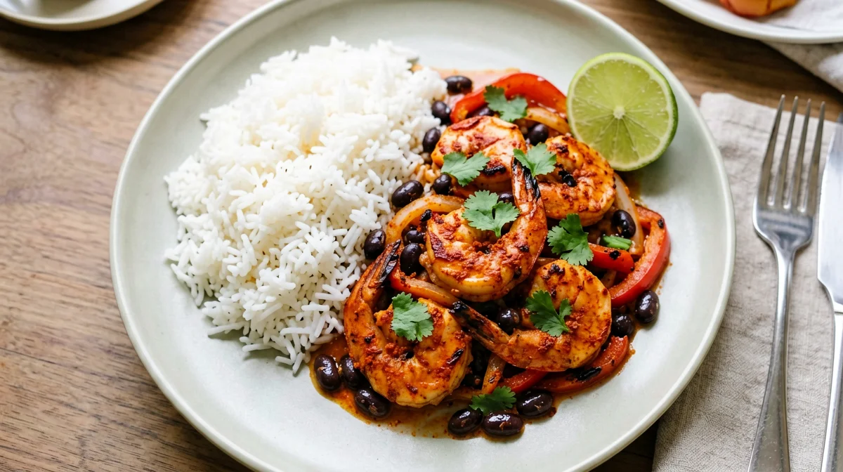 Paprika prawns with black beans and rice