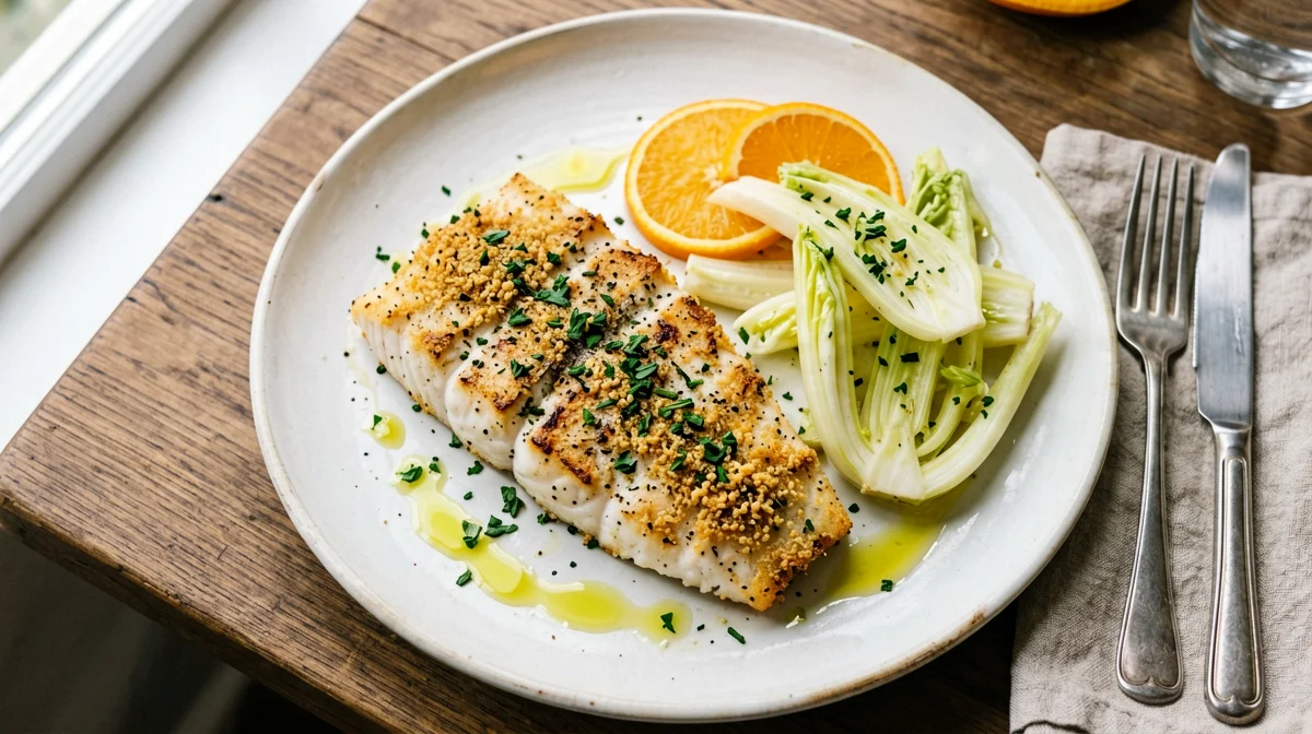 Nasello alla palermitana con insalata di arance e finocchi