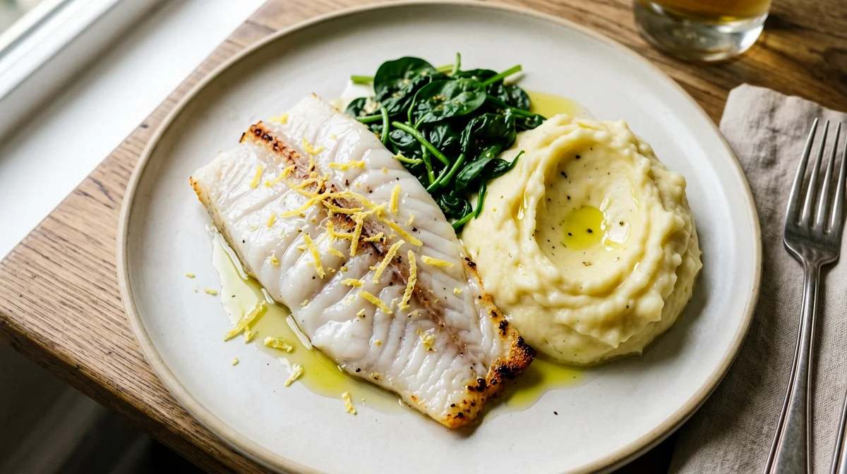 Lemon plaice with spinach and light mash