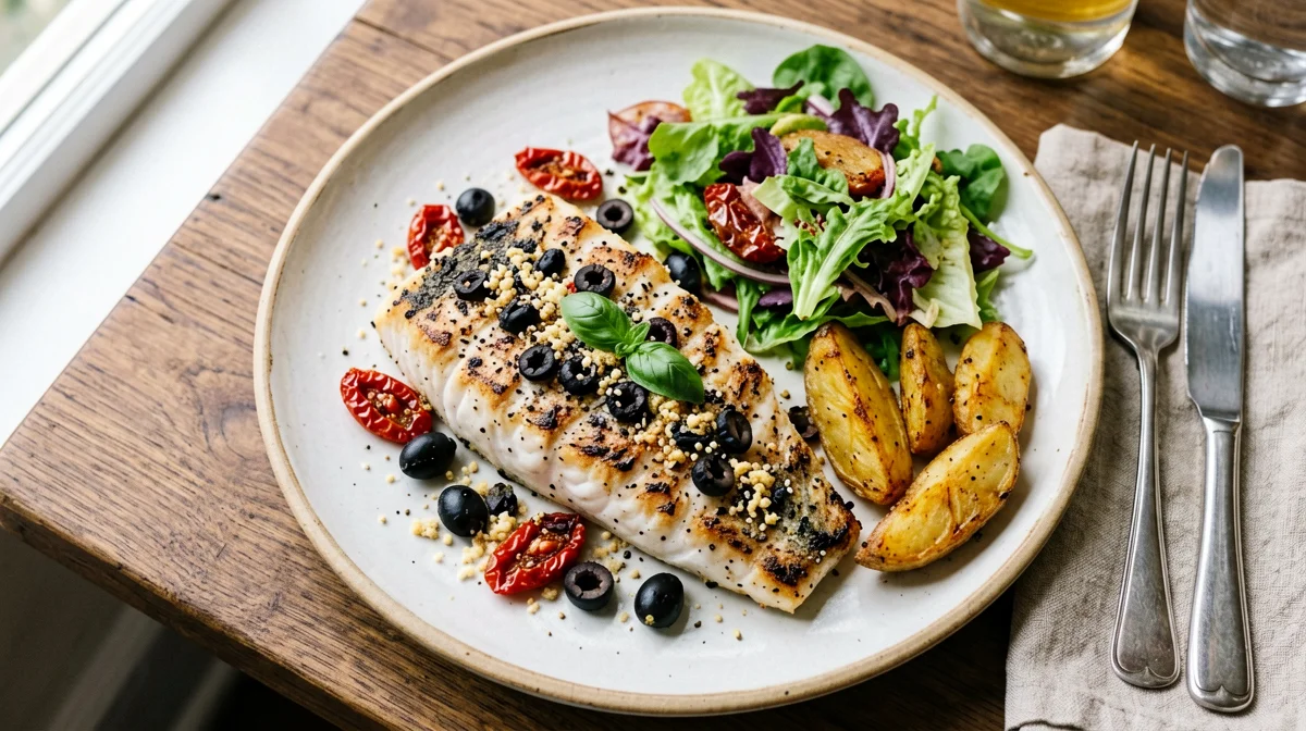 Olive and sun-dried tomato crusted halibut with potatoes