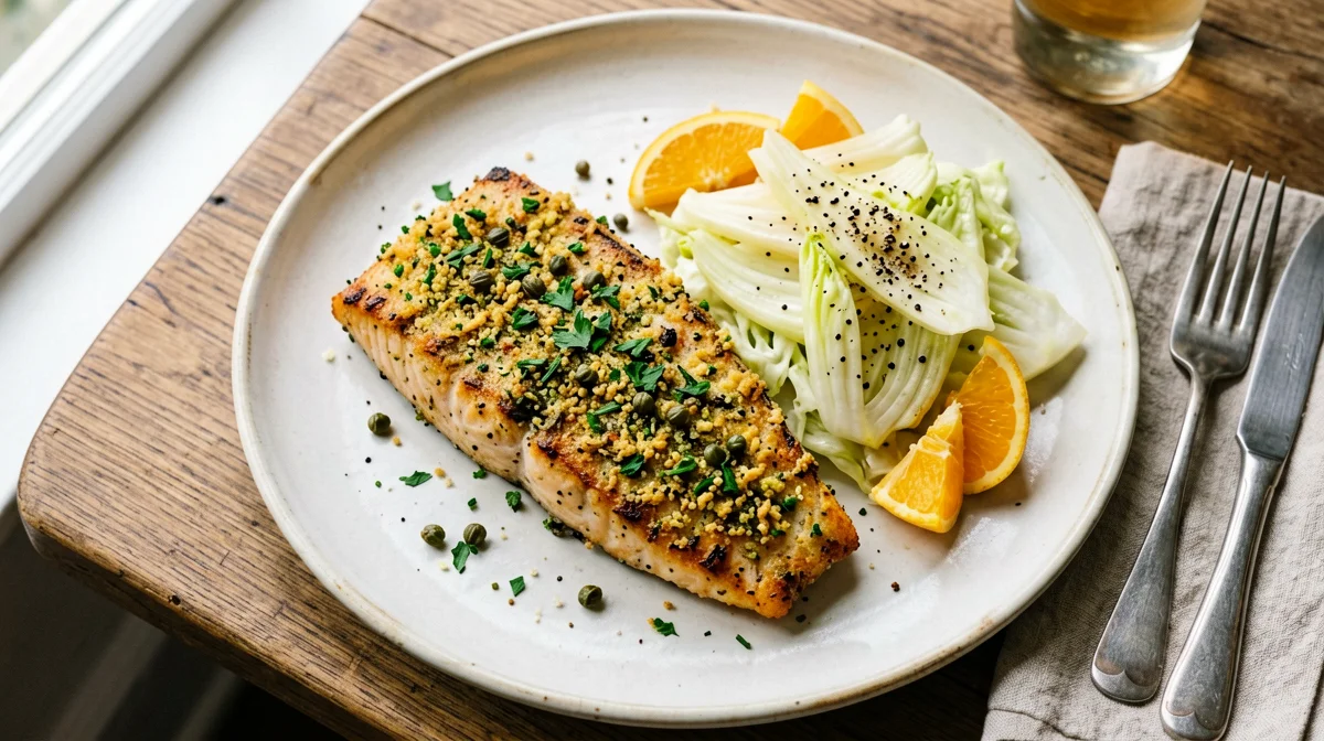 Bread and caper crusted amberjack with fennel salad
