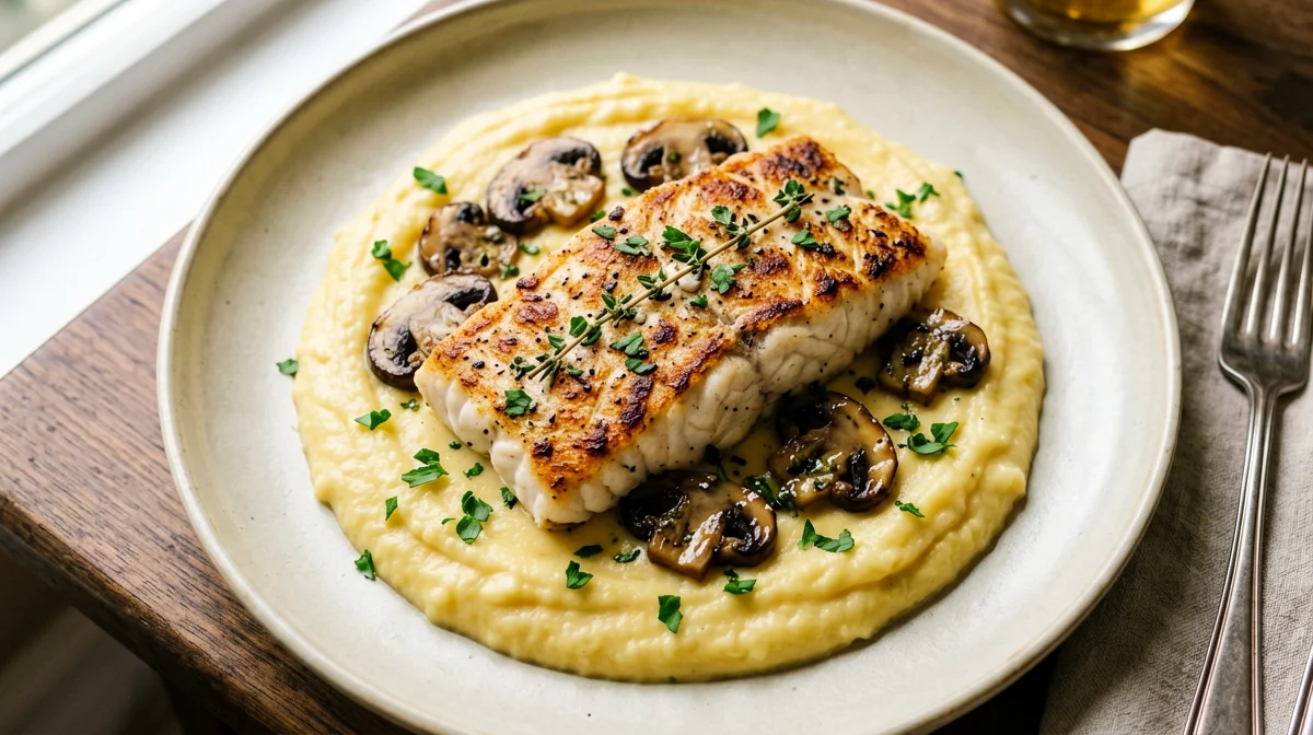 Turbot with mushrooms and soft polenta