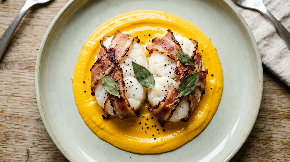 Speck-wrapped monkfish medallions with pumpkin mash