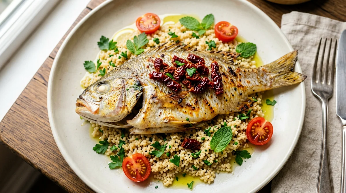 Tilapia with sun-dried tomatoes and herby bulgur
