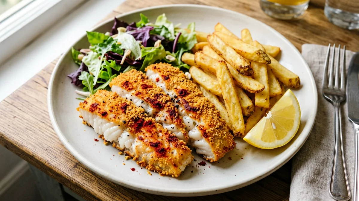 Oven-baked fish and chips with pangasius and salad
