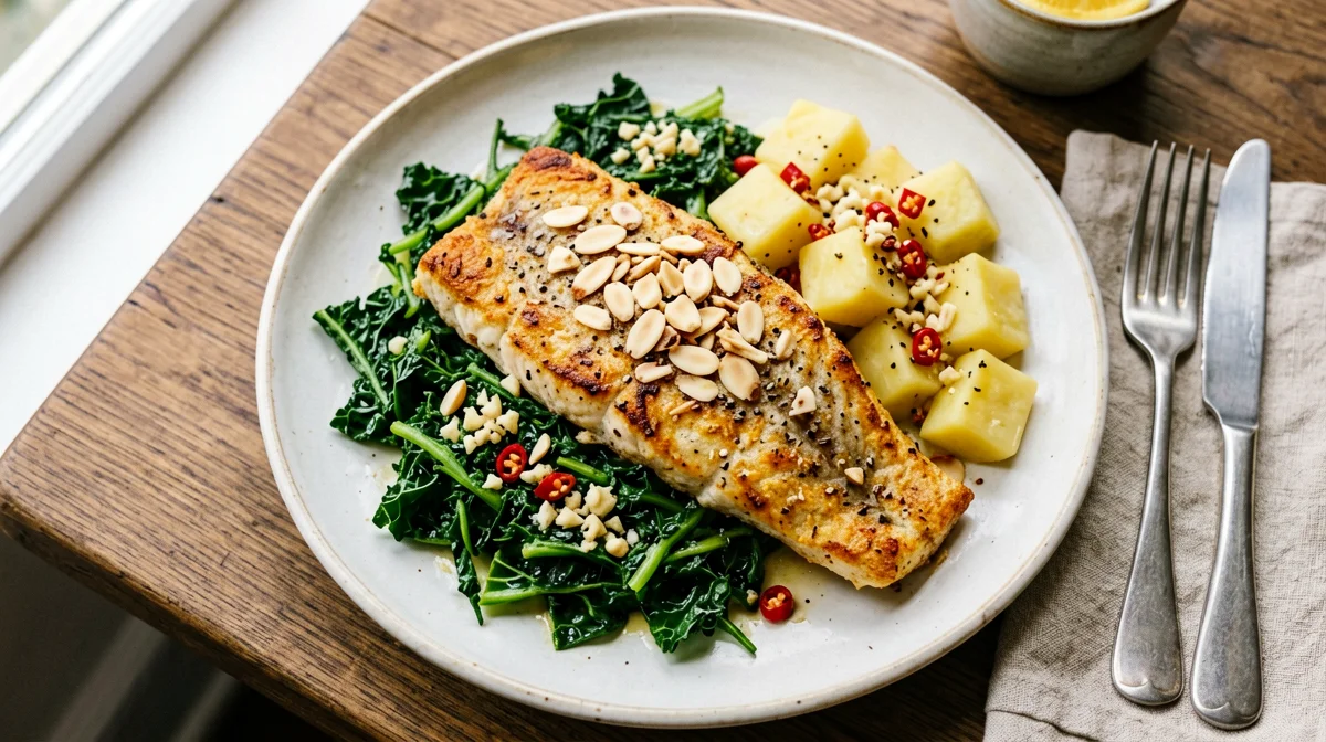 Almond-crusted perch with sautéed cavolo nero