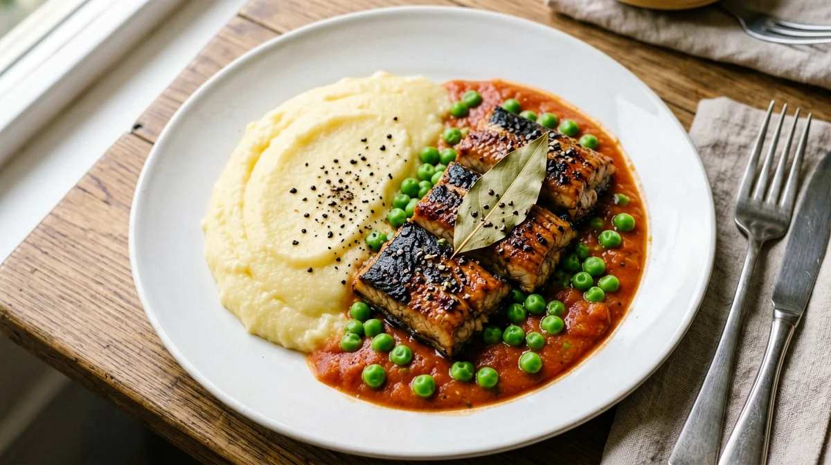 Braised eel with peas and polenta