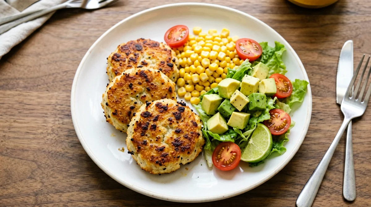 Crab cakes with corn and avocado salad