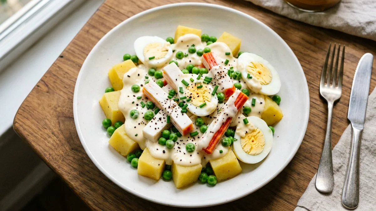 Potato, surimi, pea and egg salad