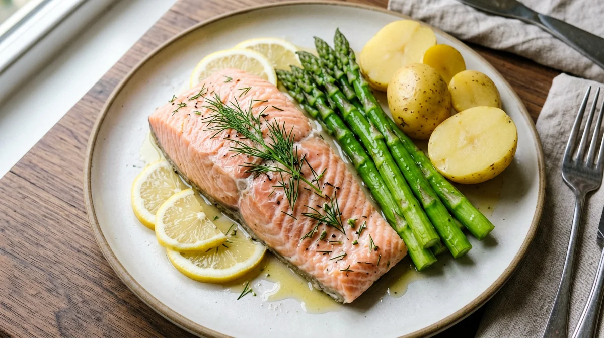 Salmone al cartoccio con asparagi e patate novelle