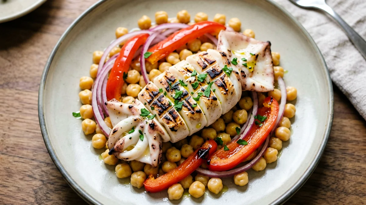 Seppie alla griglia con insalata di ceci e peperoni