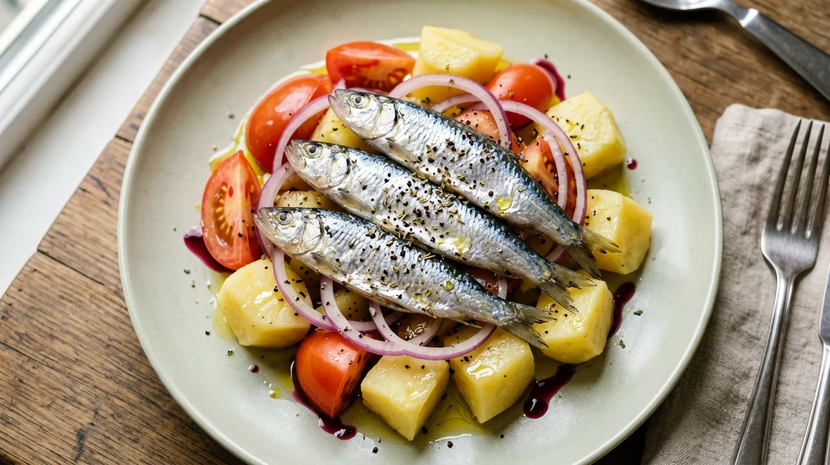 Sardine sott'olio con patate, cipolla rossa e pomodori