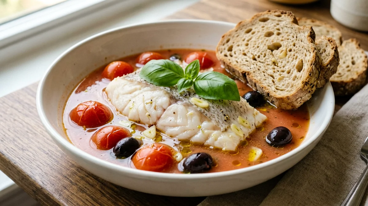 Branzino in guazzetto di pomodorini e olive con pane integrale