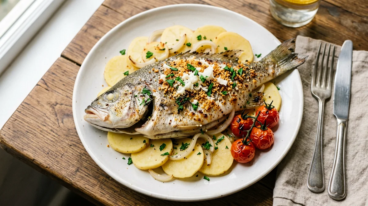 Orata alla pugliese con patate, cipolla e pecorino