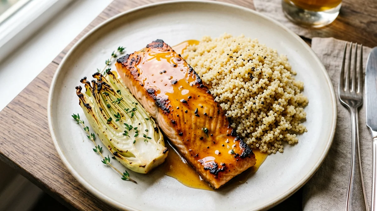 Salmone glassato all'arancia con finocchi al forno e quinoa