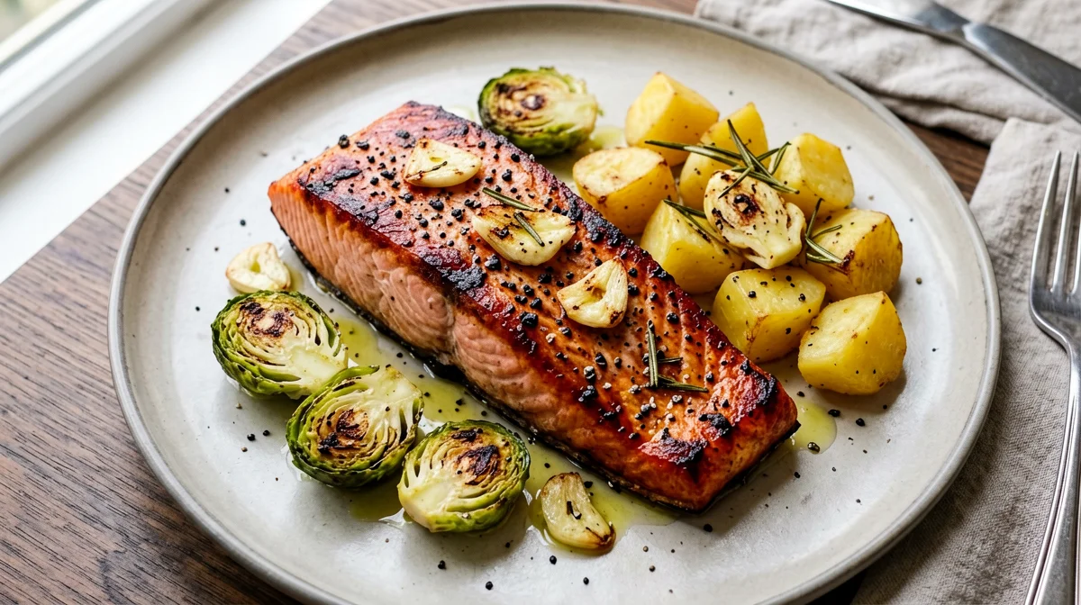 Rosemary wild salmon with Brussels sprouts and potatoes