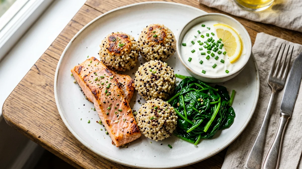 Salmon and quinoa balls with spinach and yogurt sauce
