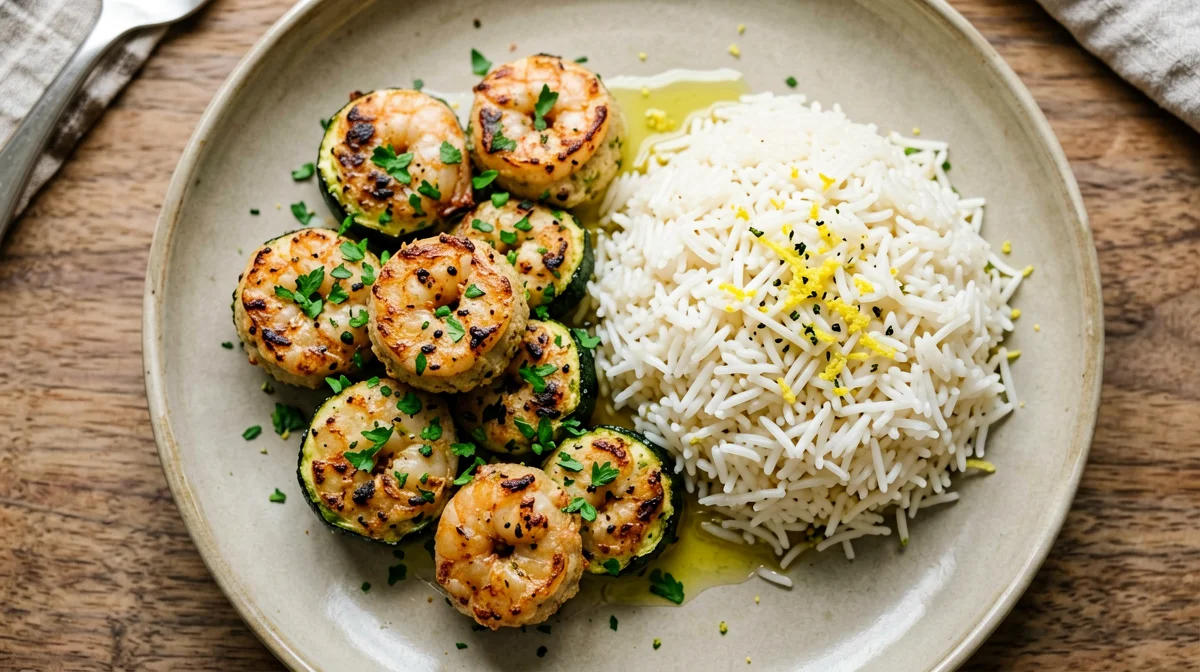 Baked prawn and zucchini balls with basmati rice