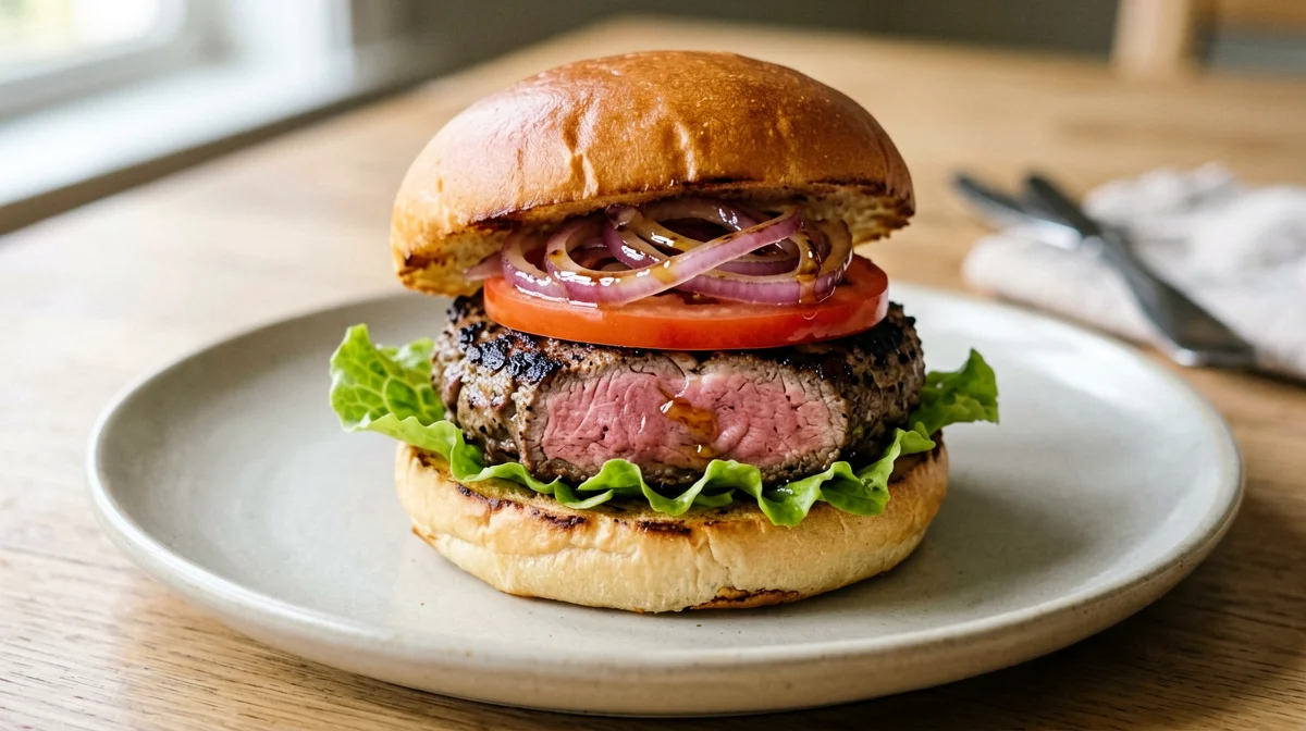 Fresh tuna burger with caramelised onion and salad