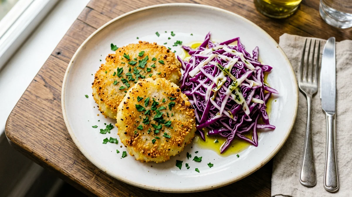 Burger di merluzzo e patate con insalata di cavolo rosso