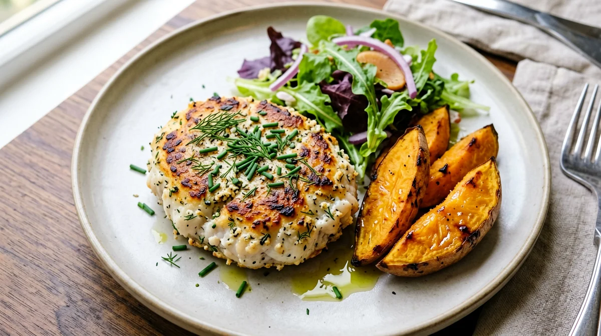 Herby trout burger with roast sweet potatoes