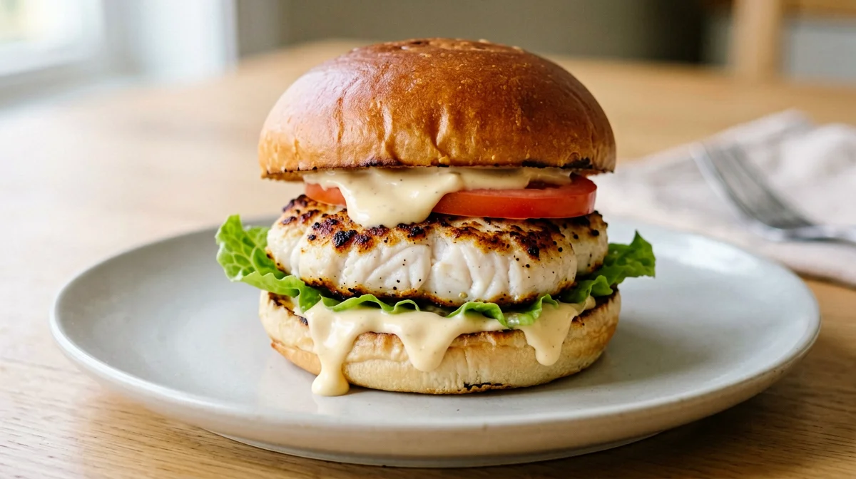Panino con burger di nasello, pomodoro e lattuga