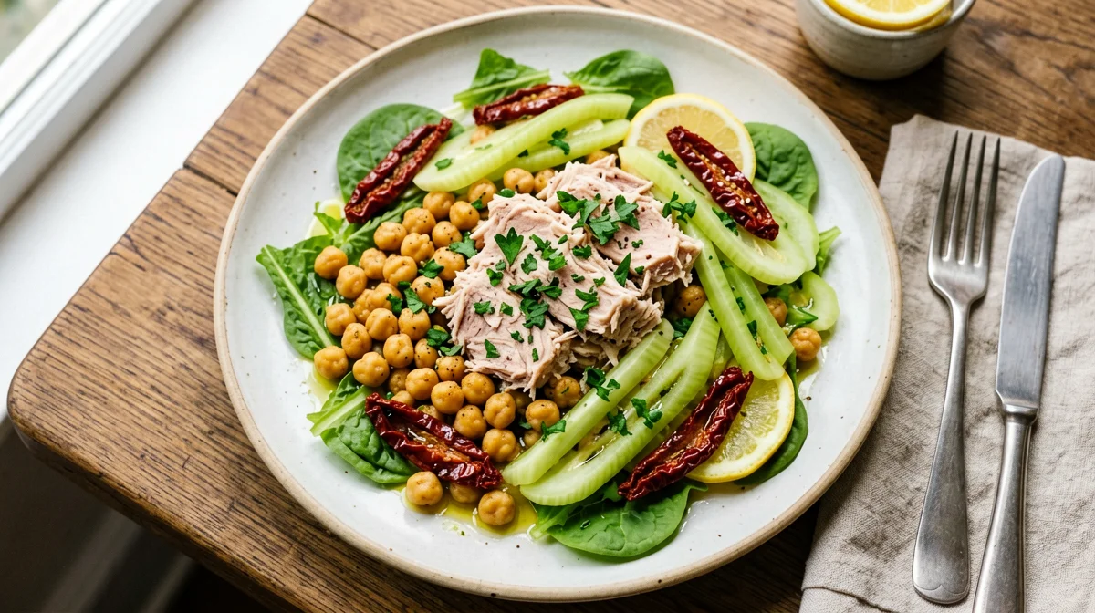 Insalata di tonno, ceci, sedano e pomodori secchi