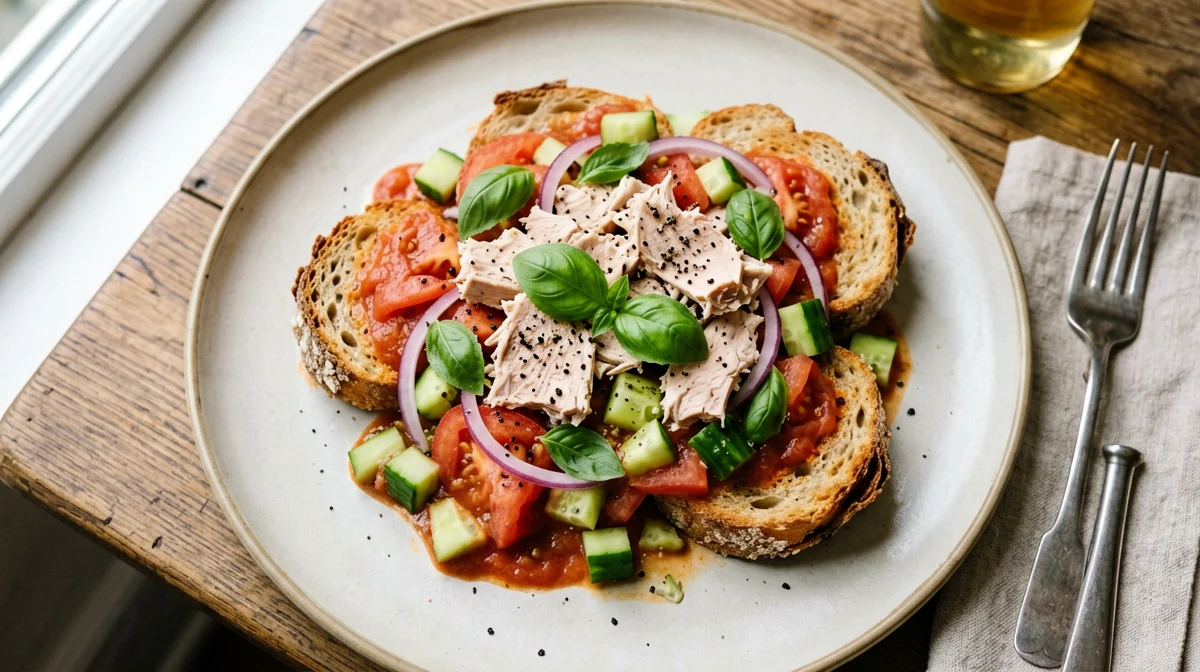 Panzanella con tonno, cetrioli e cipolla rossa