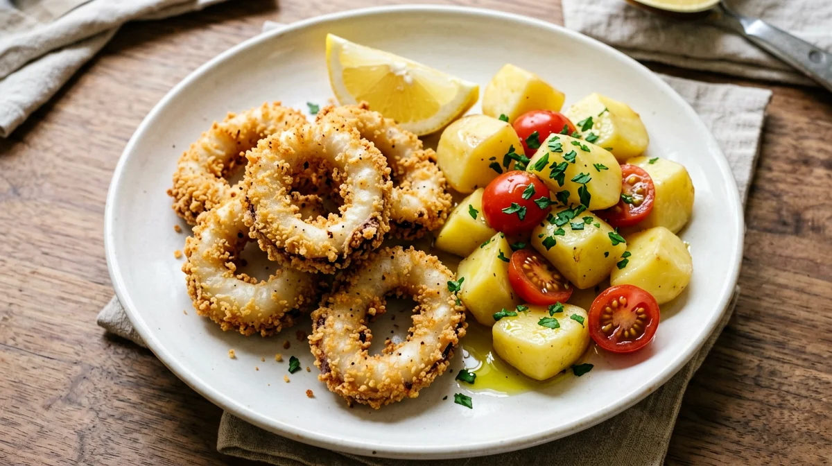 Anelli di calamari croccanti al forno con insalata di patate
