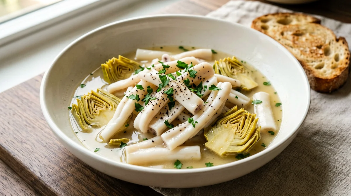 Cuttlefish with artichokes and toasted bread