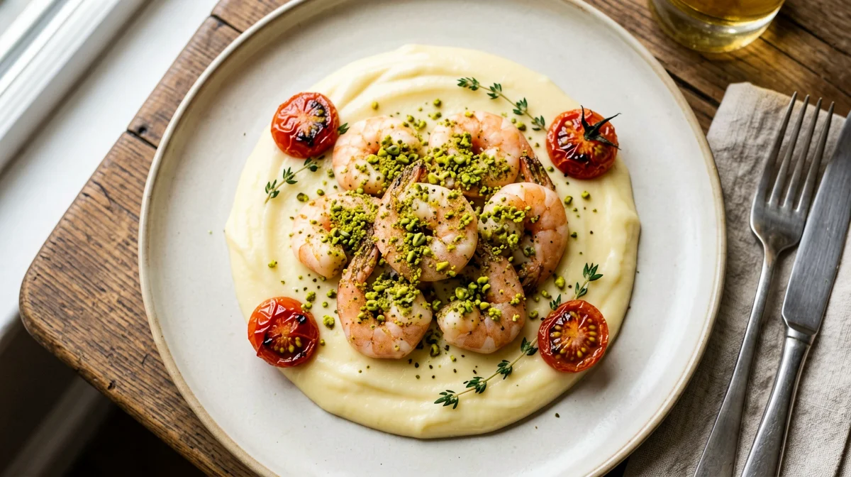 Pistachio-crusted prawns on potato cream with confit tomatoes