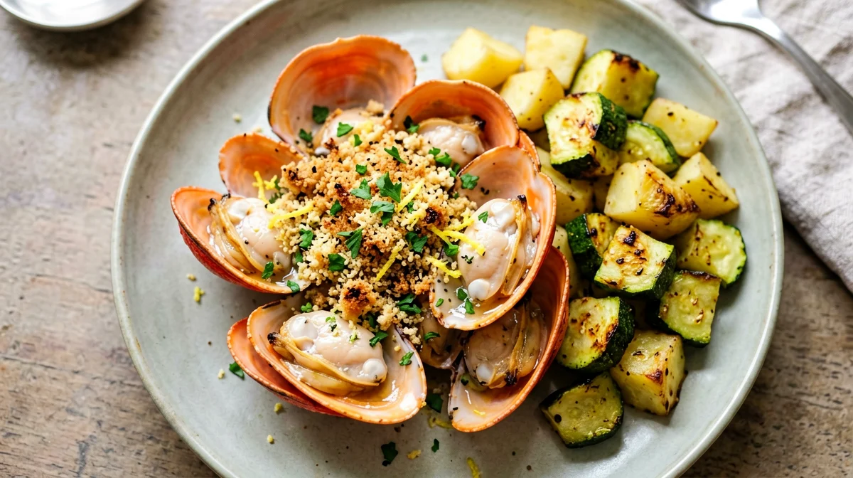 Scampi gratin with roast zucchini and potatoes