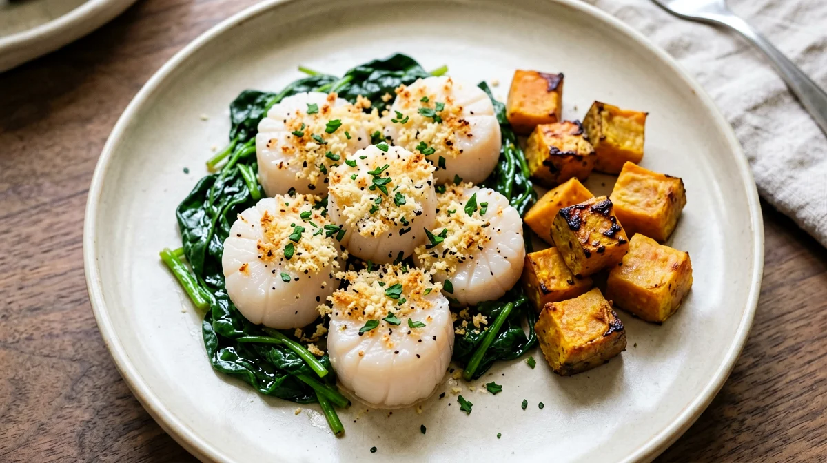 Capesante gratinate con spinaci e patate dolci