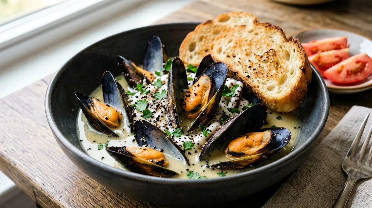 Impepata di cozze con crostini e insalata di pomodori