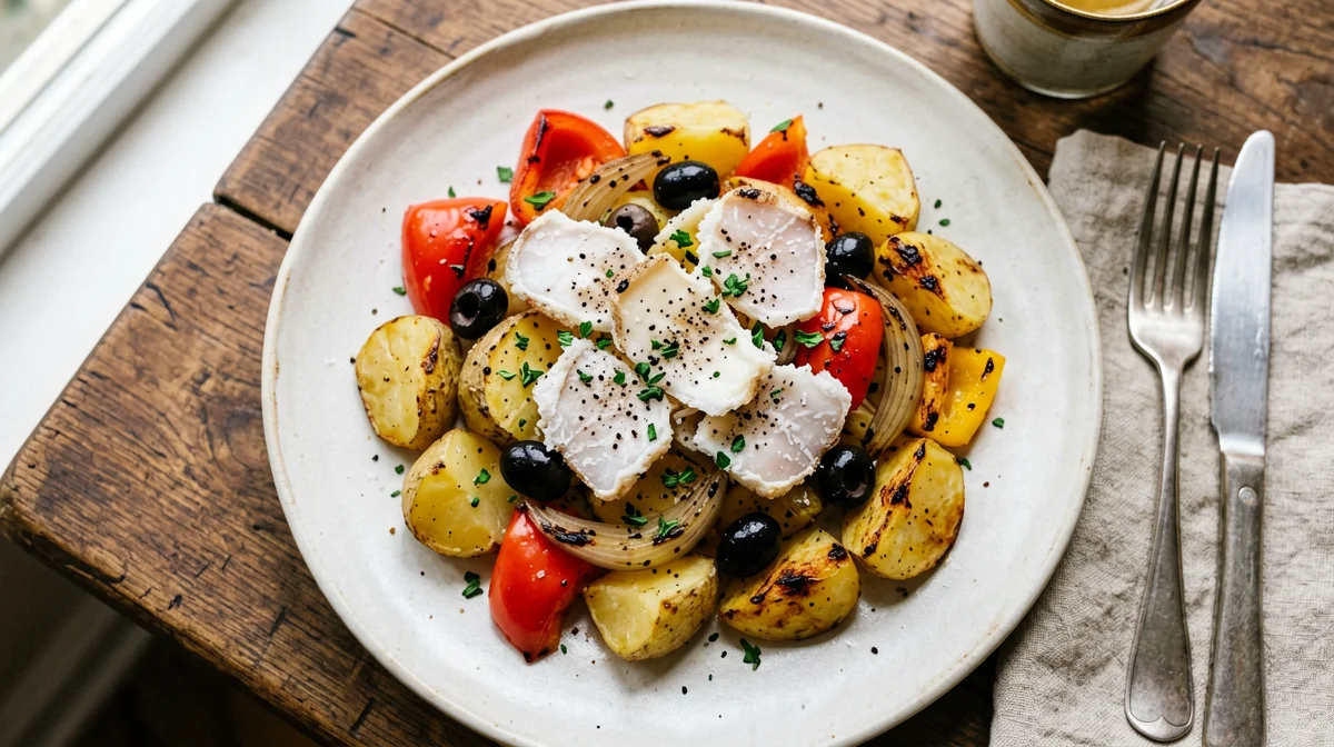 Baked salt cod with potatoes and peppers
